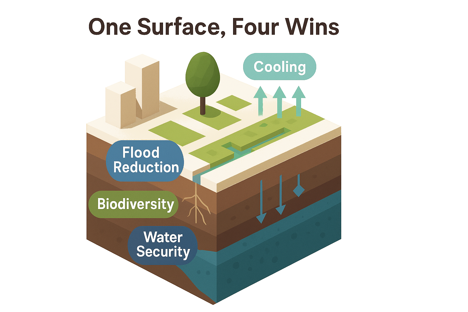 Co-benefits diagram: de-sealing produces cooler streets, fewer floods, more biodiversity, water security