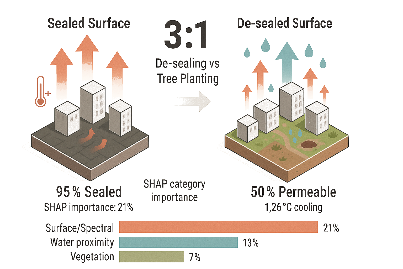 Energy balance diagram showing how sealed surfaces trap heat versus permeable surfaces enabling evaporative cooling