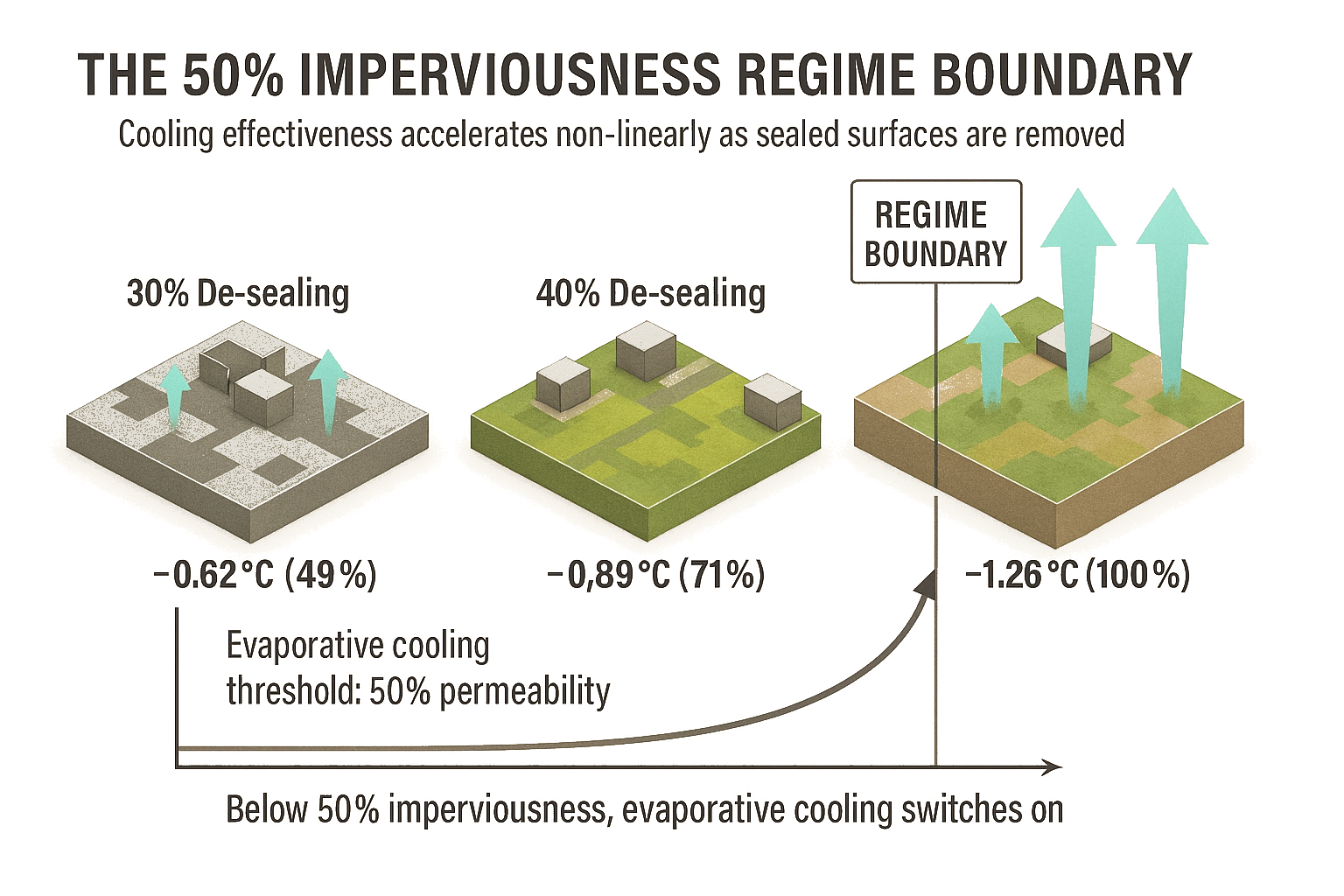 Regime boundary diagram illustrating the nonlinear cooling response at 50% de-sealing threshold where evaporative cooling pathways become viable