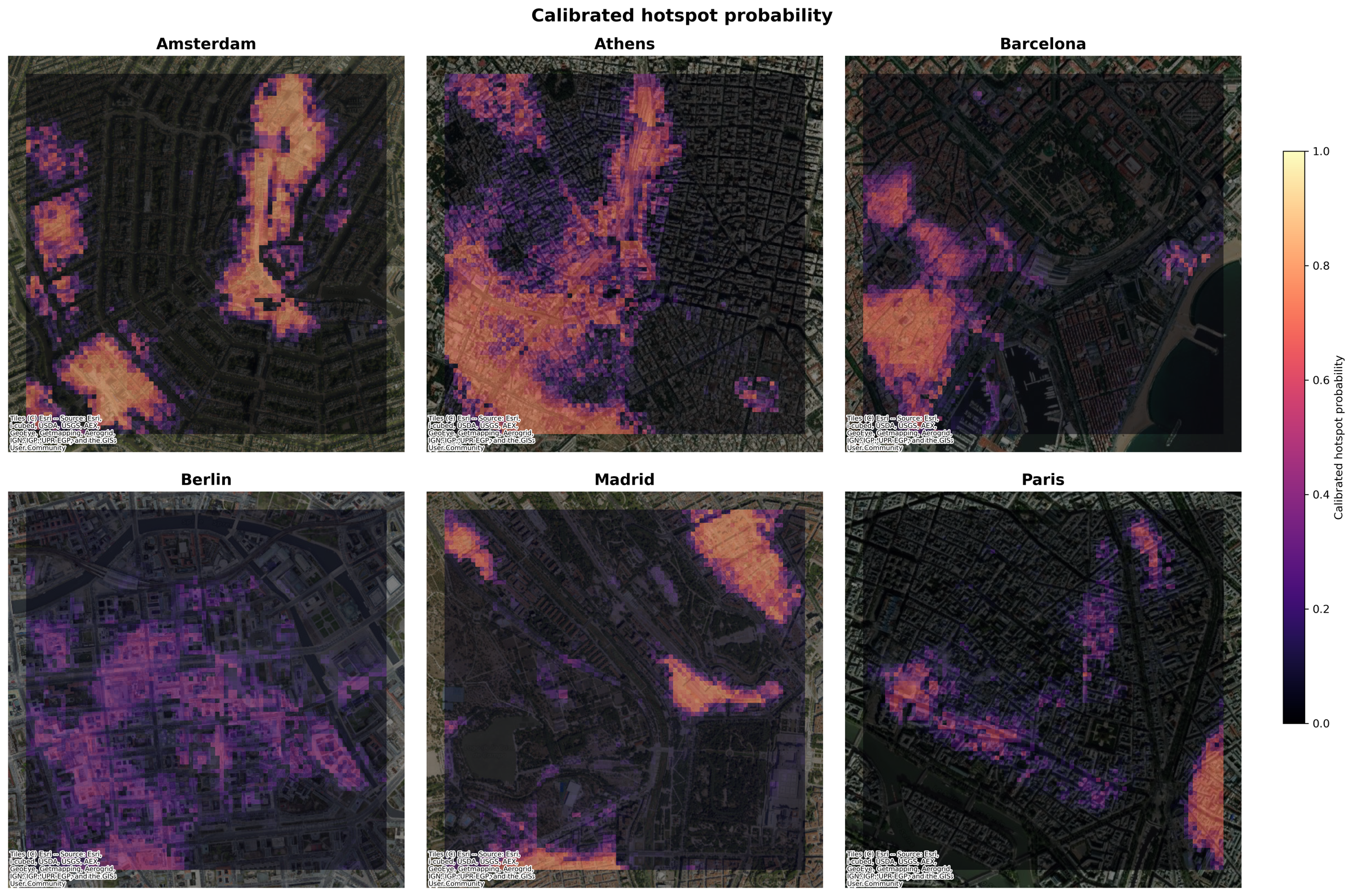 Calibrated hotspot probability surfaces across six cities