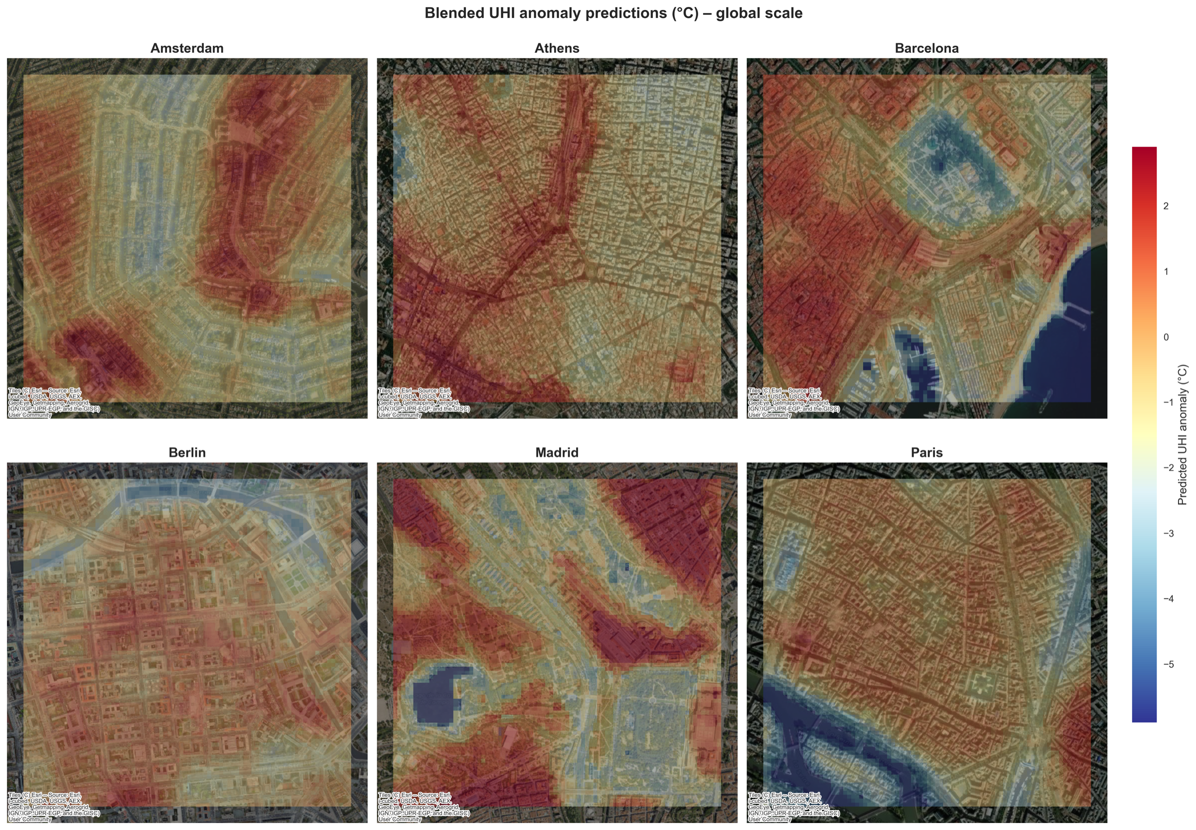 Observed vs predicted UHI spatial comparison across cities