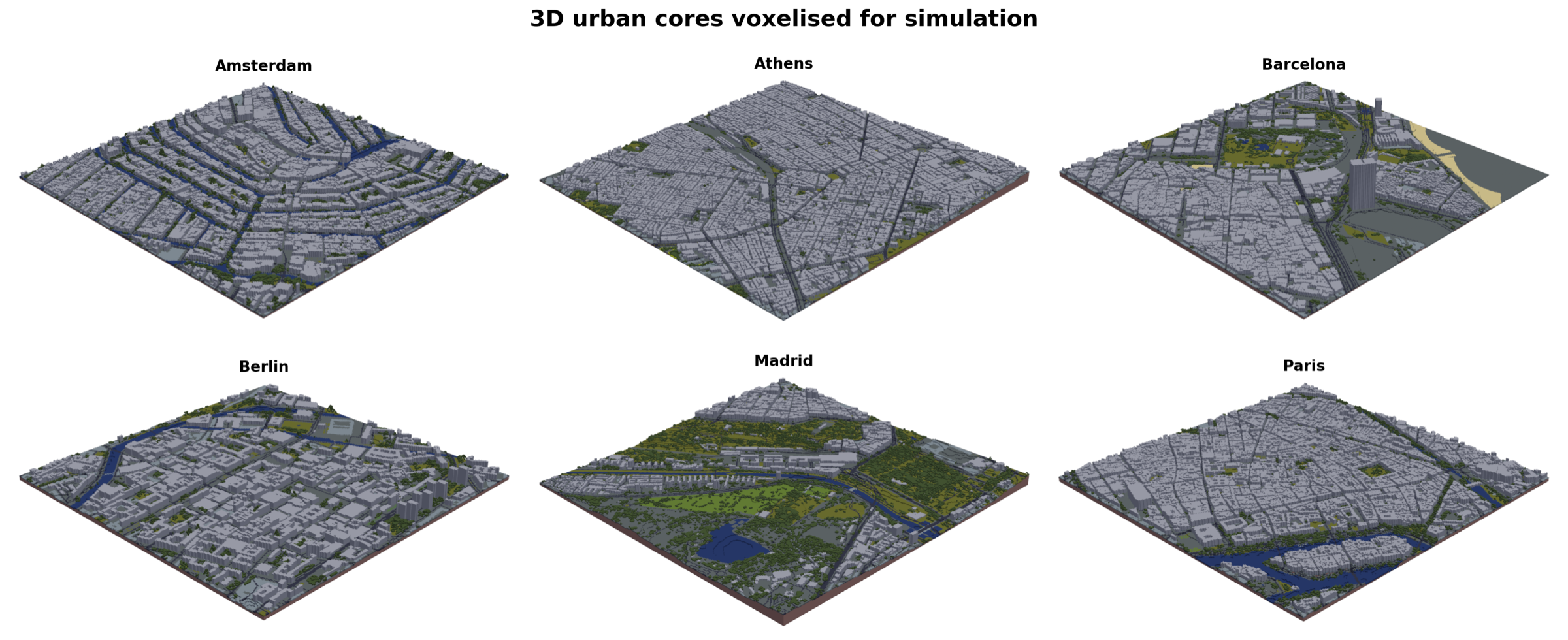 3D urban cores voxelised - 6 cities
